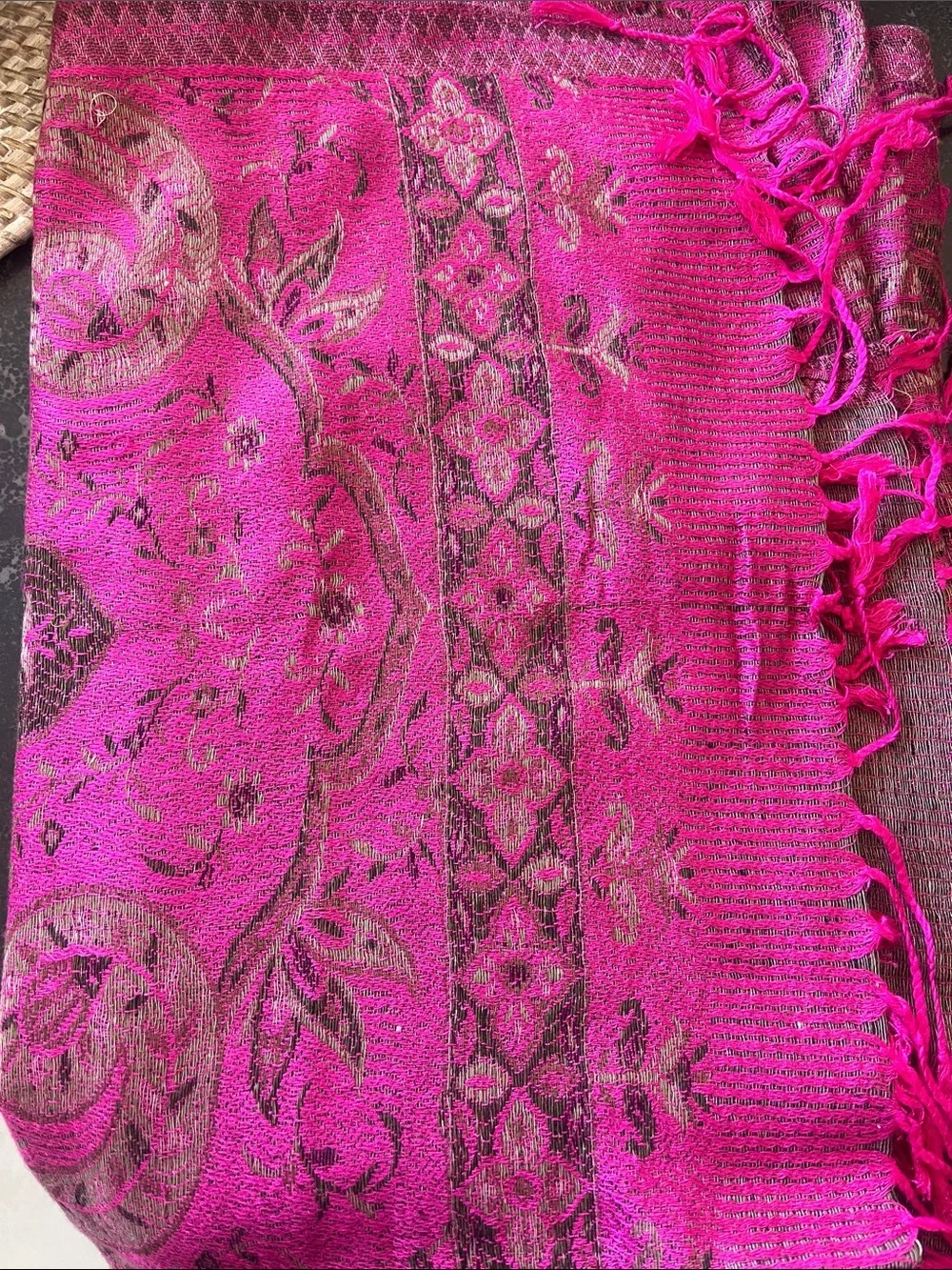 Pink Paisley print pashmina and silk scarf/wrap with fringe. EUC. 28
